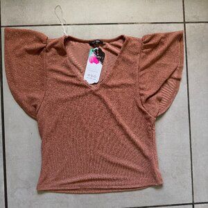 Papermoon Rust Brown Shimmer Flutter Sleeve Top NWT